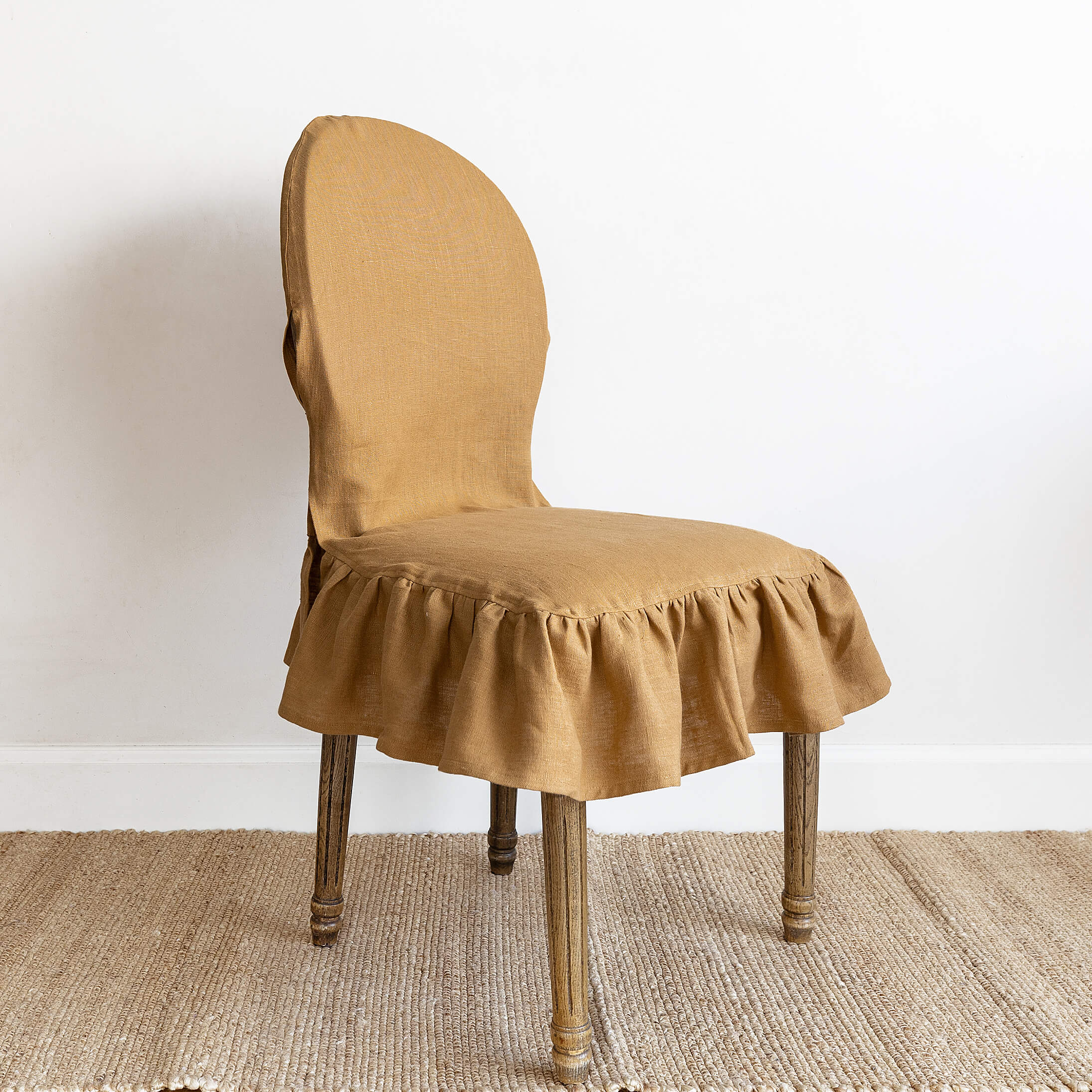 Dusty mustard linen ruffled full chair cover in heavyweight 260 g/m² European linen