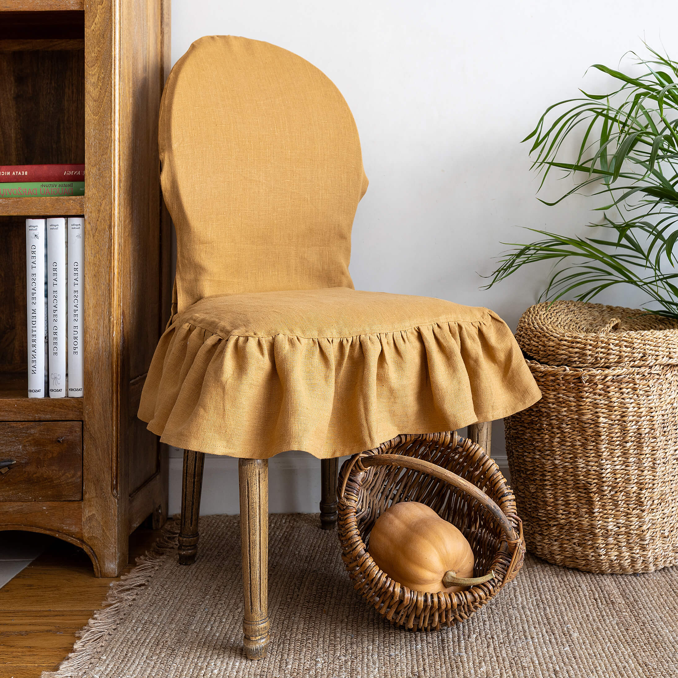 Dusty mustard linen ruffled full chair cover in heavyweight 260 g/m² European linen