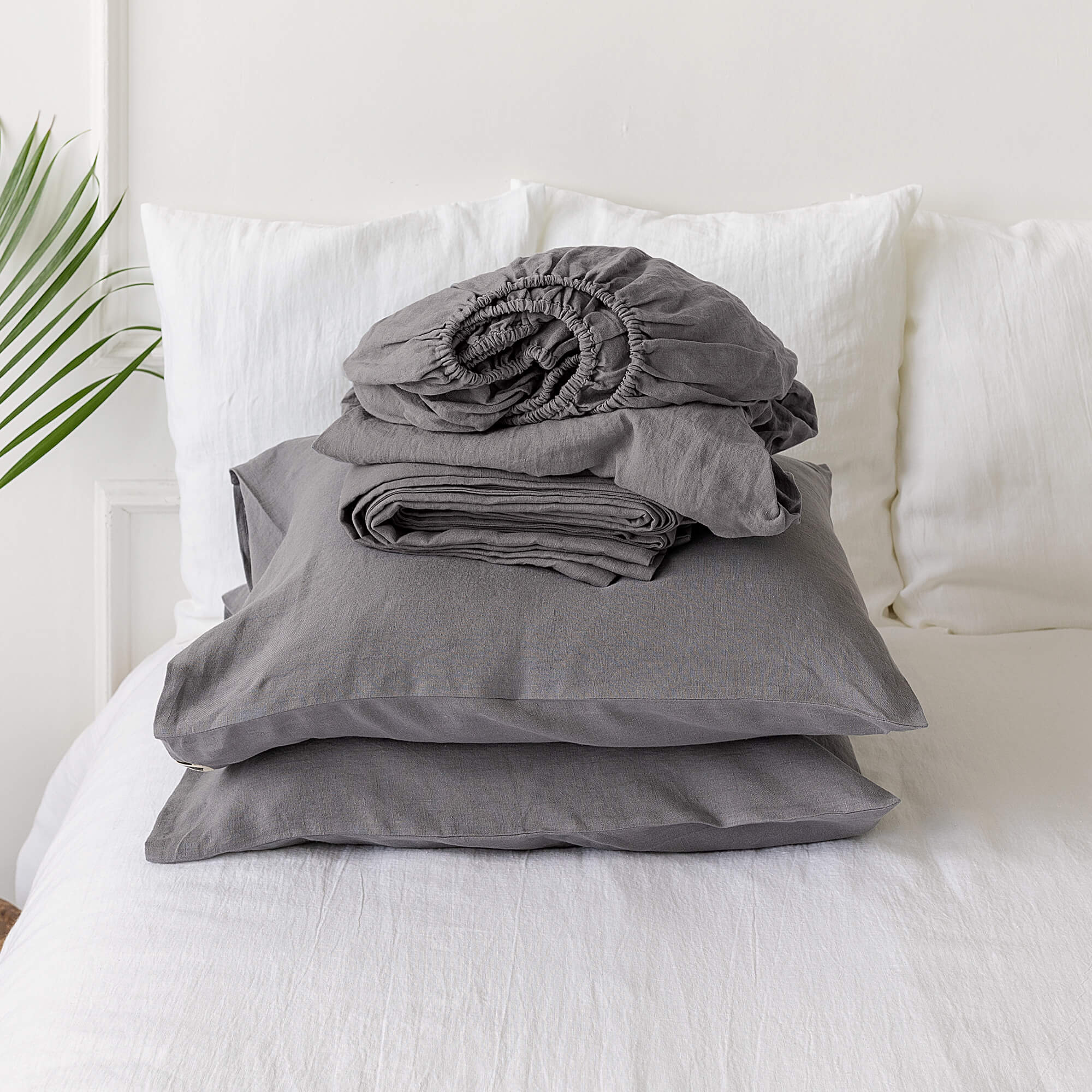 Charcoal grey linen sheets will grant luxurious comfort and will give your bed new elegant look.
Crafted to elevate your sleeping experience, each set includes soft fitted sheet, a flat sheet and two pillowcases.