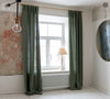 Lined moss green linen curtains with lining, designed and made to provide maximum protection from the sun and heat coming through the window.