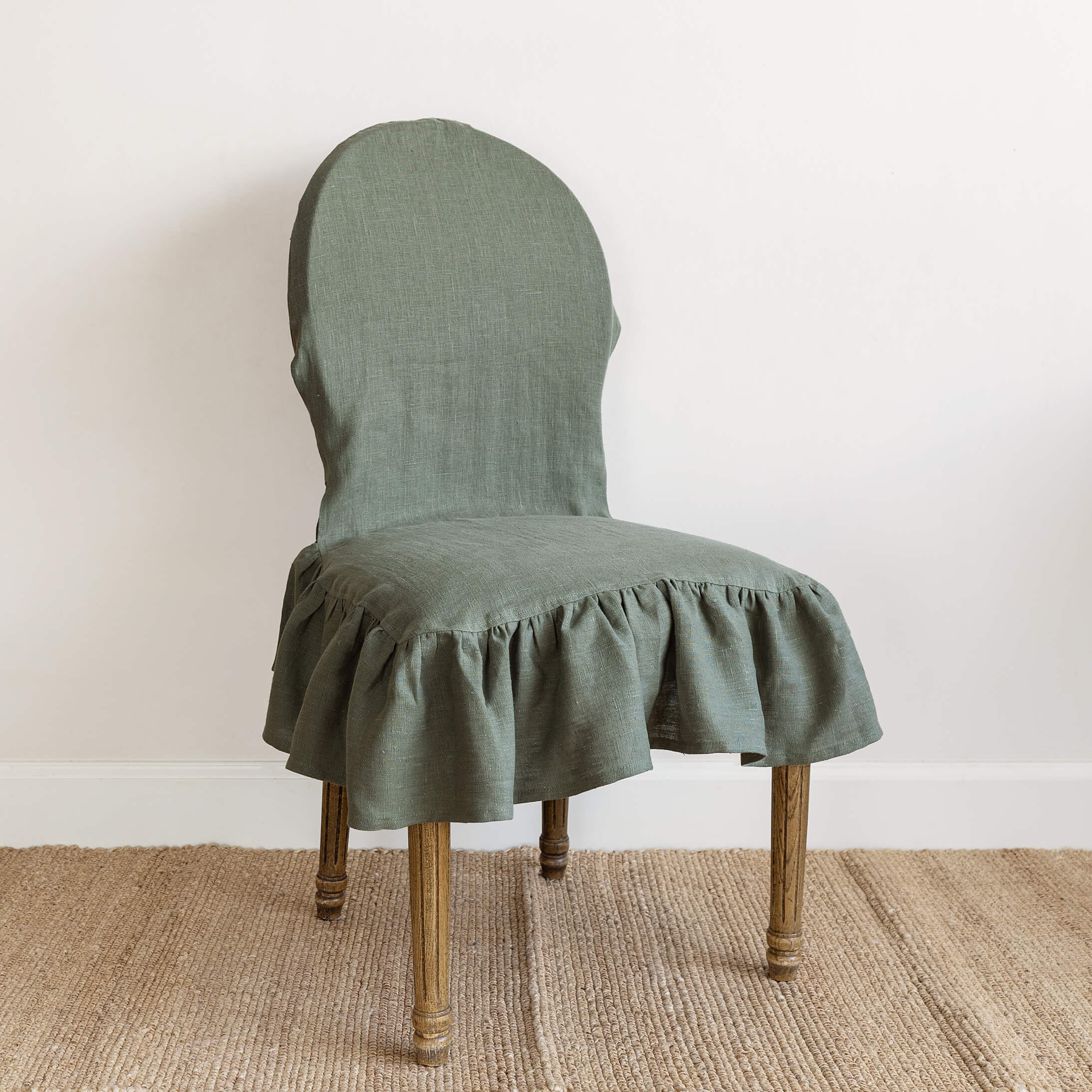 Moss green linen ruffled full chair cover in heavyweight 260 g/m² European linen
