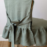 Moss green linen ruffled full chair cover in heavyweight 260 g/m² European linen