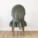Moss green linen ruffled full chair cover in heavyweight 260 g/m² European linen