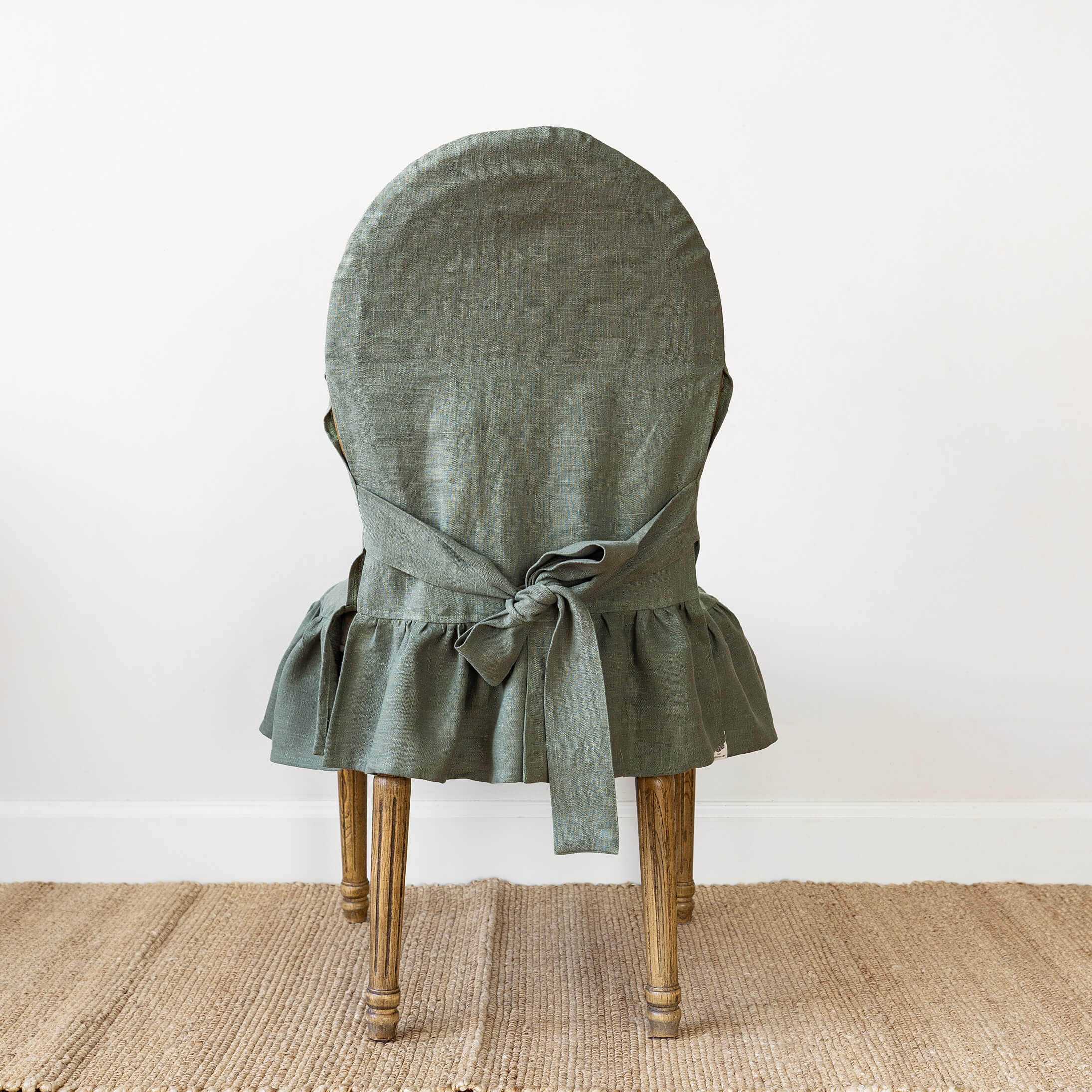 Moss green linen ruffled full chair cover in heavyweight 260 g/m² European linen