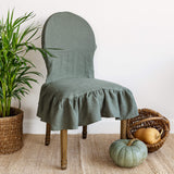 Moss green linen ruffled full chair cover in heavyweight 260 g/m² European linen
