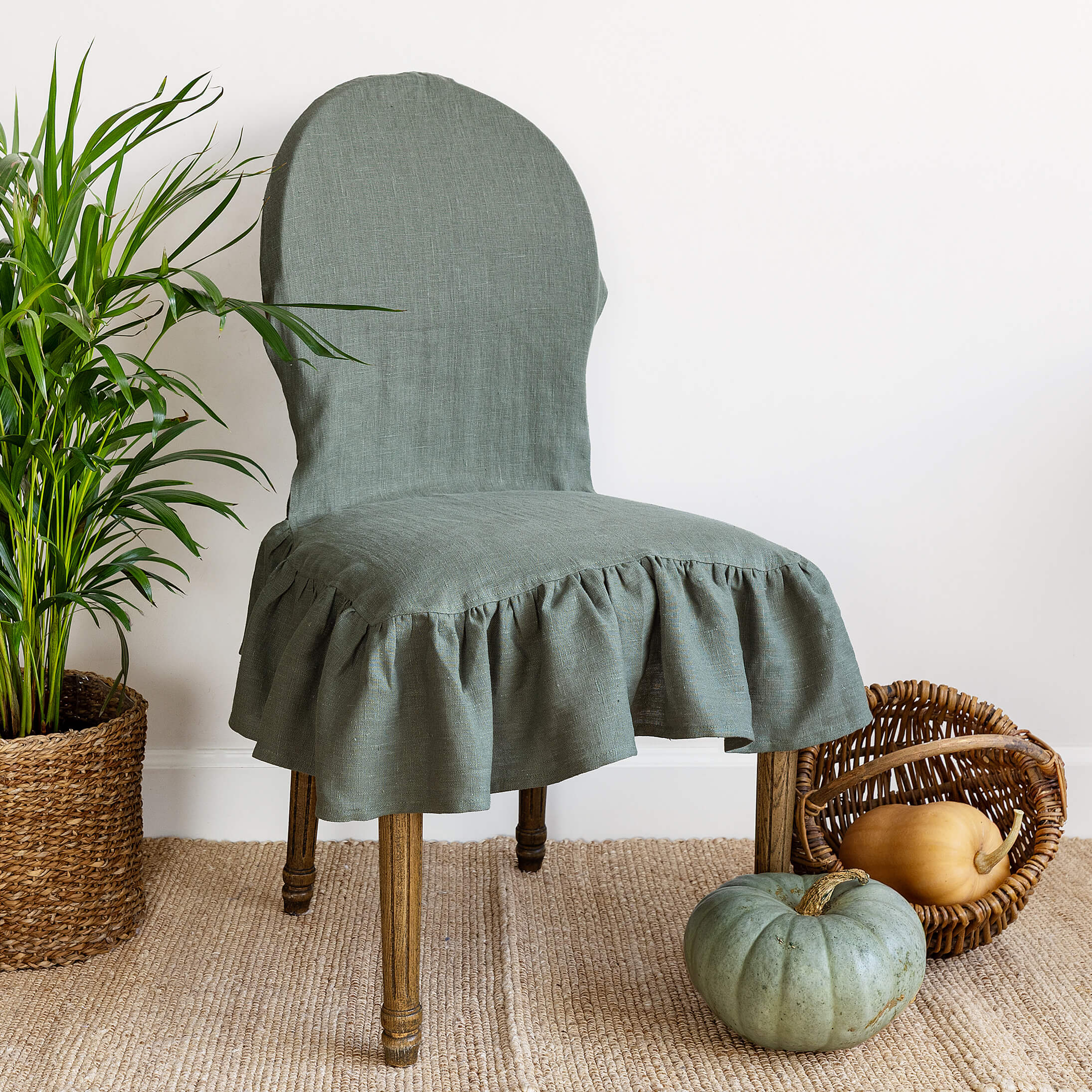 Moss green linen ruffled full chair cover in heavyweight 260 g/m² European linen