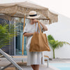 Dusty mustard linen tote bags designed and made for long, comfortable and sustainable use.