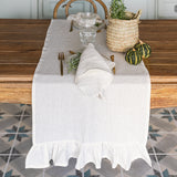 Bright White Linen Table Runner with Ruffle