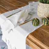 Bright White Linen Table Runner with Ruffle