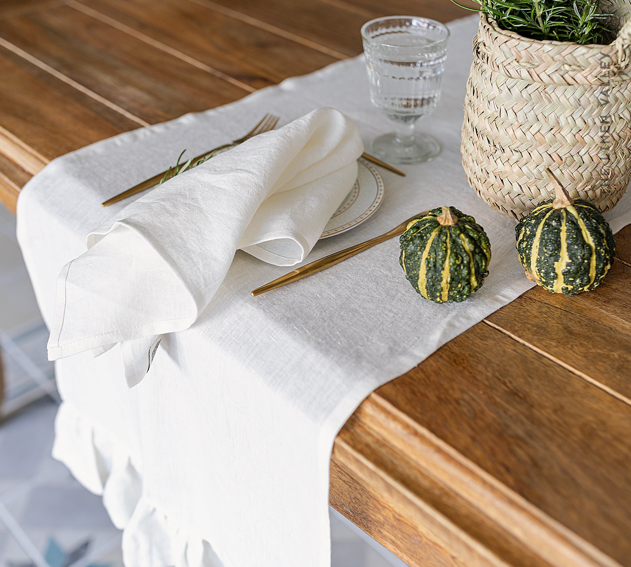 Bright White Linen Table Runner with Ruffle