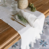 Bright White Linen Table Runner with Ruffle