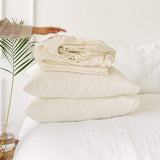 Off white linen sheets will grant luxurious comfort and will give your bed new elegant look.
Crafted to elevate your sleeping experience, each set includes soft fitted sheet, a flat sheet and two pillowcases.