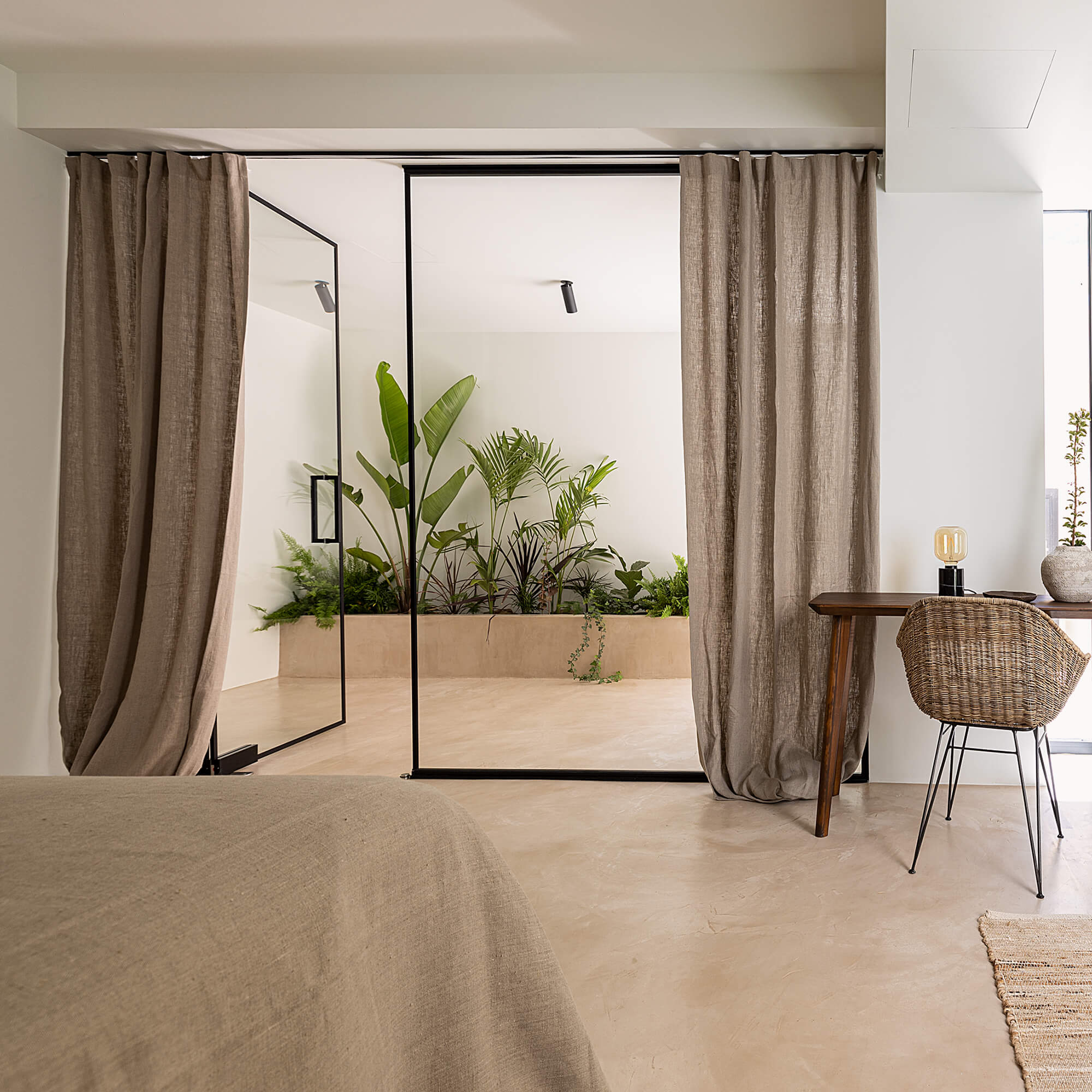 Lined rustic unbleached linen curtains with lining, designed and made to provide maximum protection from the sun and heat coming through the window.