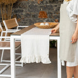 Give your table a touch of distinction and decoration with our striped linen table runner with ruffle. Use the table runner on its own or combine it with a linen tablecloth, placemats or napkins.
