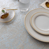 Close-up of the sky blue and beige paisley floral jacquard weave