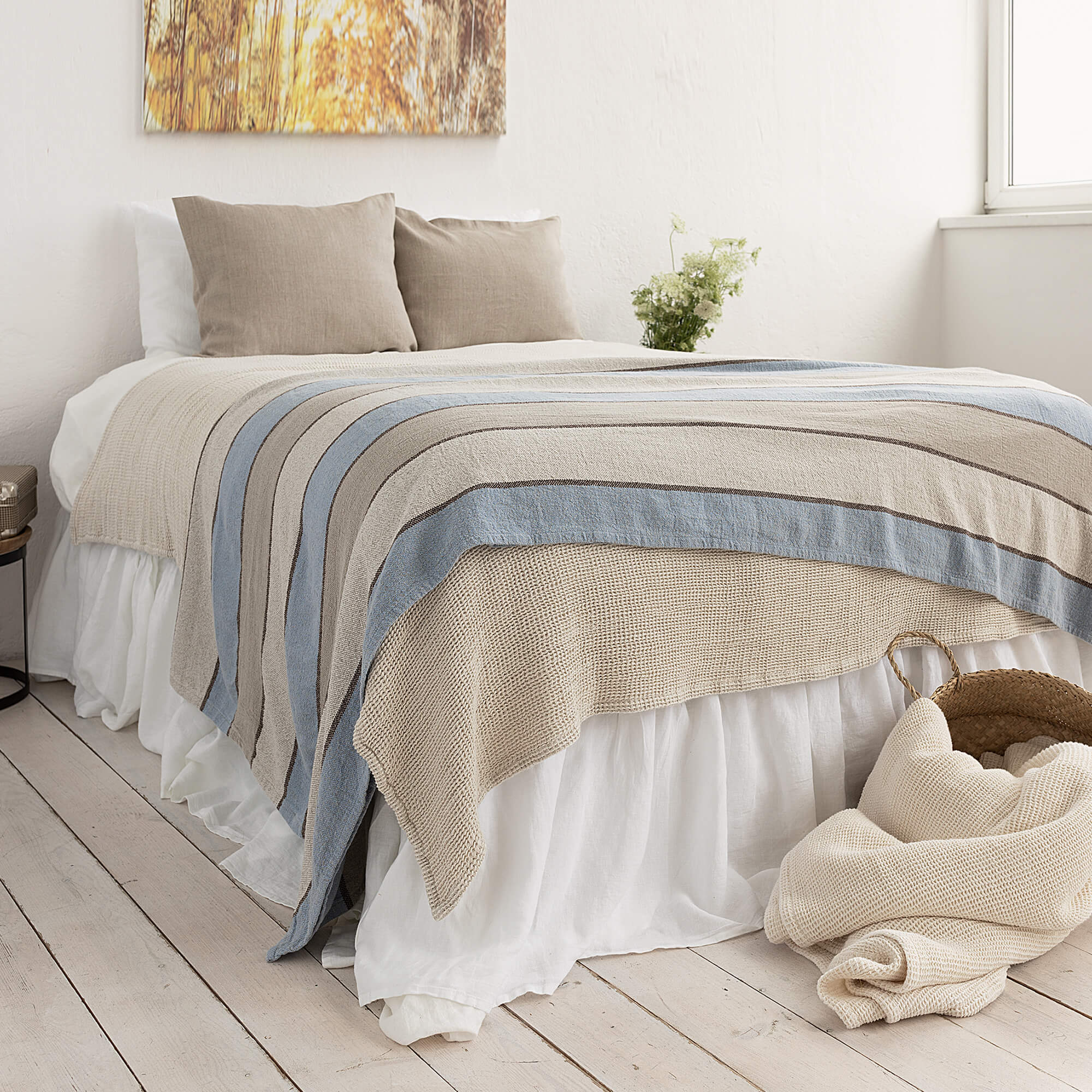 Multicoloured Striped pattern linen throw crafted from a softened natural linen, adds a warmth and style to any bedroom decor.
Whether you choose to drape it as a bed throw or wrap yourself in its soft embrace on chilly evenings, this versatile blanket offers both functionality and elegance.