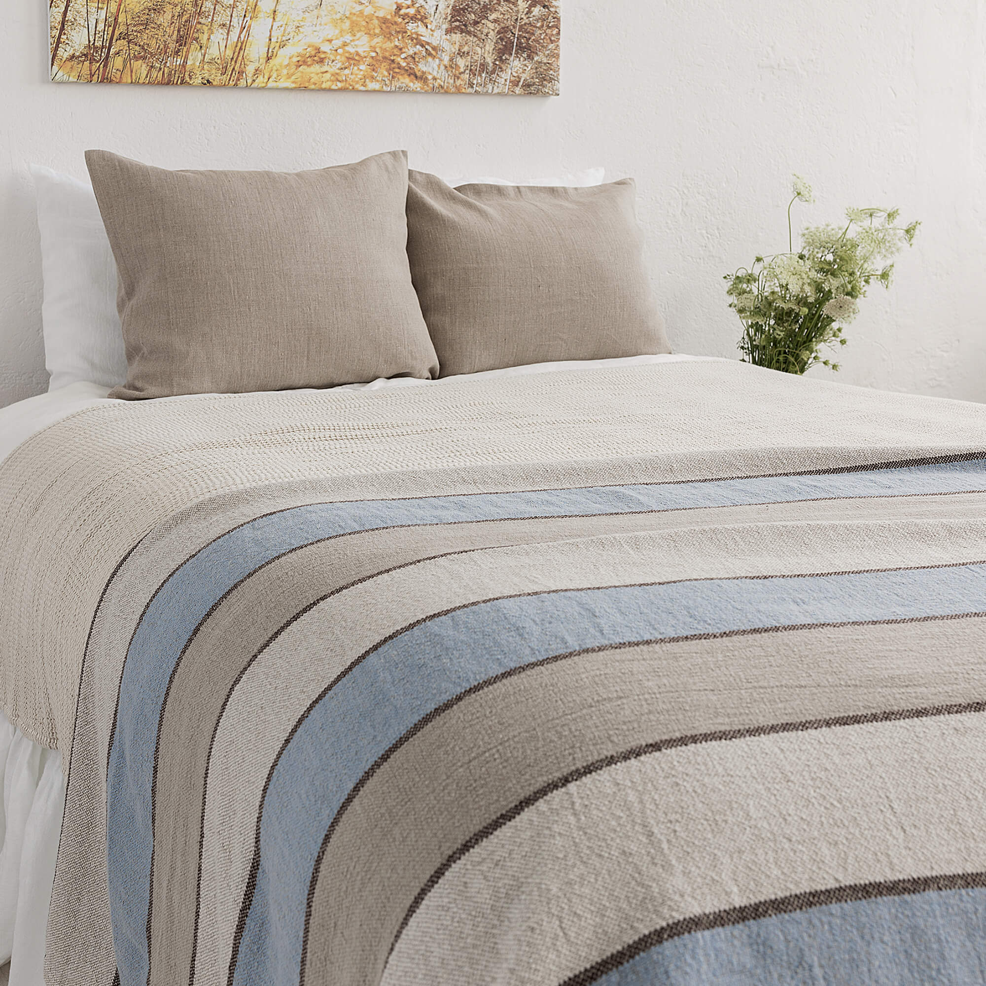 Multicoloured Striped pattern linen throw crafted from a softened natural linen, adds a warmth and style to any bedroom decor.
Whether you choose to drape it as a bed throw or wrap yourself in its soft embrace on chilly evenings, this versatile blanket offers both functionality and elegance.