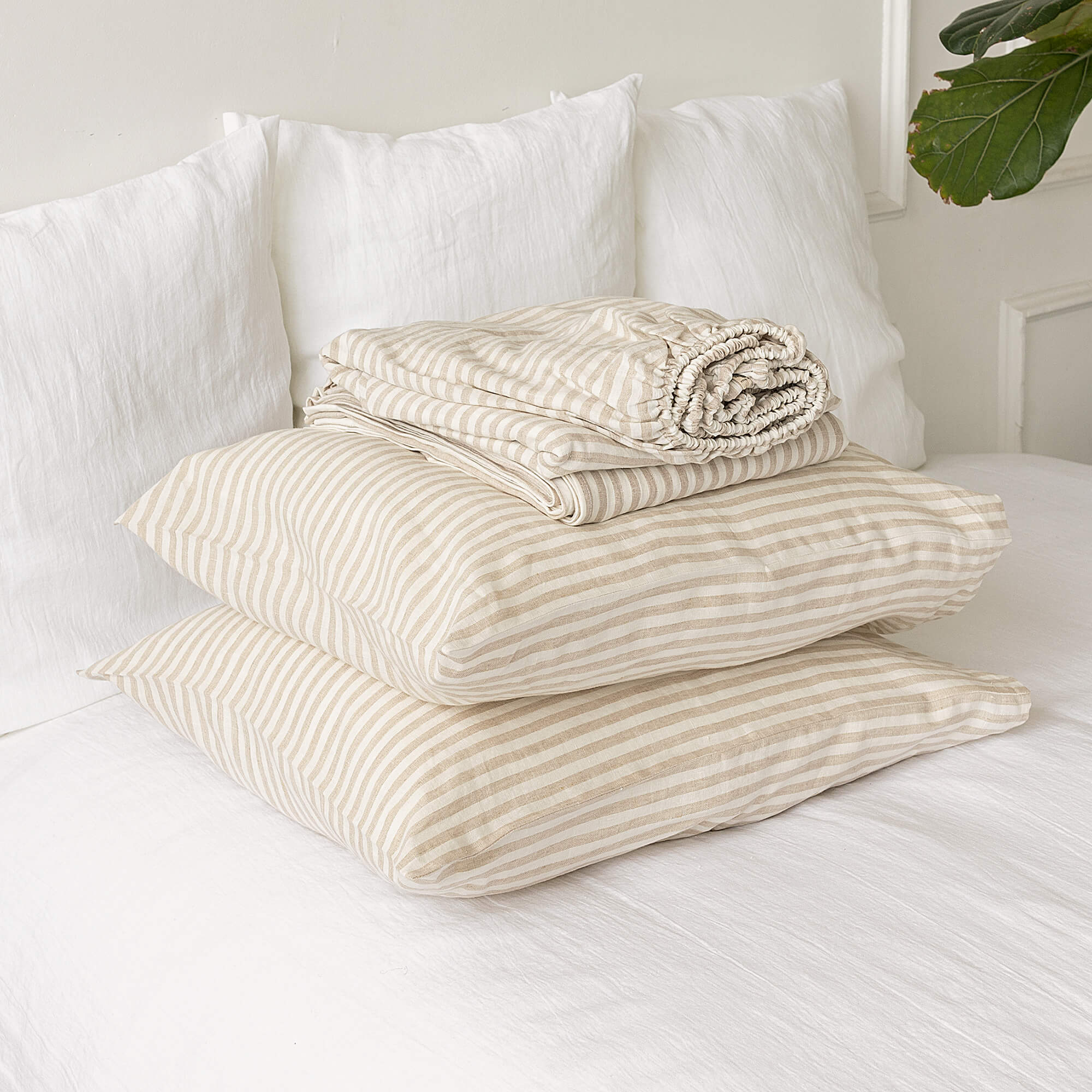 Striped linen sheets will grant luxurious comfort and will give your bed new elegant look.
Crafted to elevate your sleeping experience, each set includes soft fitted sheet, a flat sheet and two pillowcases.