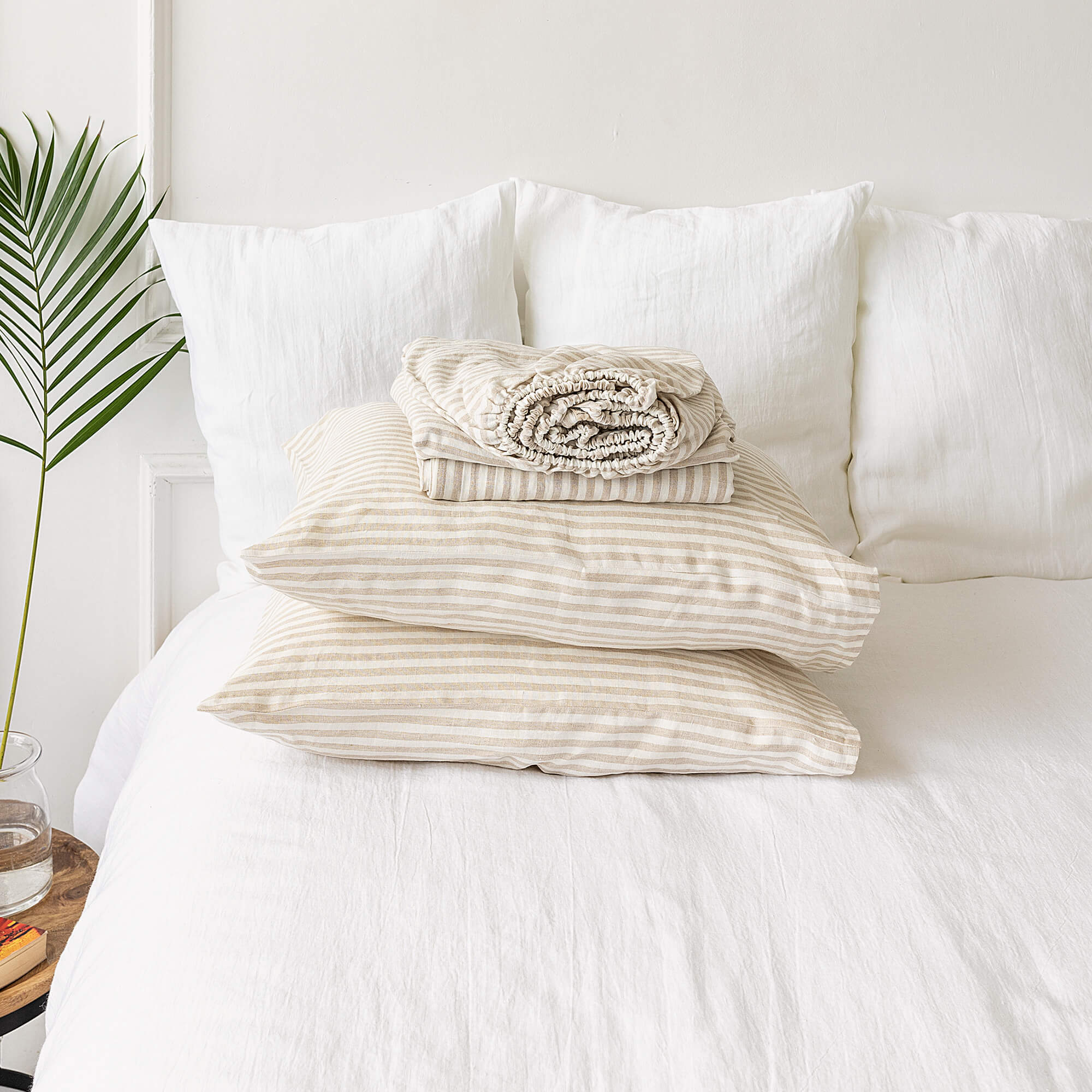 Striped linen sheets will grant luxurious comfort and will give your bed new elegant look.
Crafted to elevate your sleeping experience, each set includes soft fitted sheet, a flat sheet and two pillowcases.