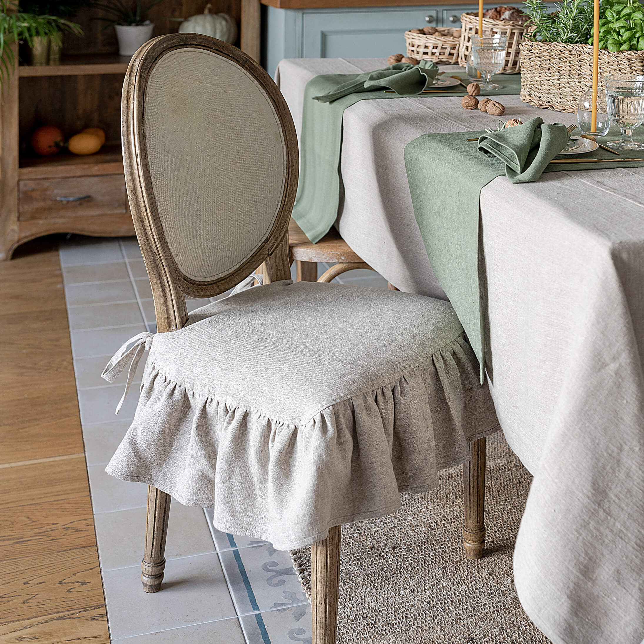 Our rustic unbleached linen  slipcovers offer both practicality and aesthetic appeal. The covers will protect dining chairs from spills and stains, also enhance the visual appeal of your space with their timeless natural style. Slipcovers will simply change your chairs appearance and provide an elegant solution.