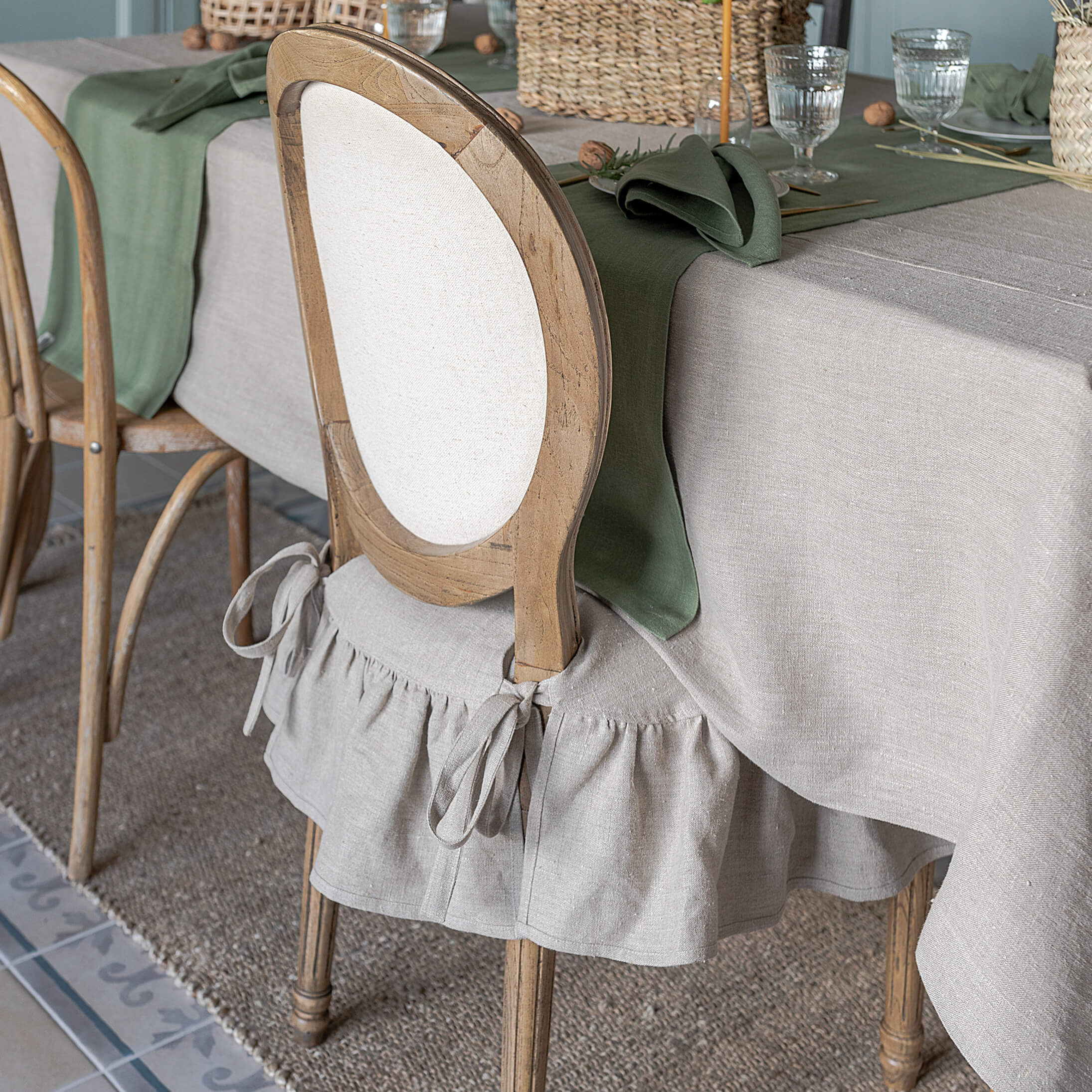 Our rustic unbleached linen  slipcovers offer both practicality and aesthetic appeal. The covers will protect dining chairs from spills and stains, also enhance the visual appeal of your space with their timeless natural style. Slipcovers will simply change your chairs appearance and provide an elegant solution.