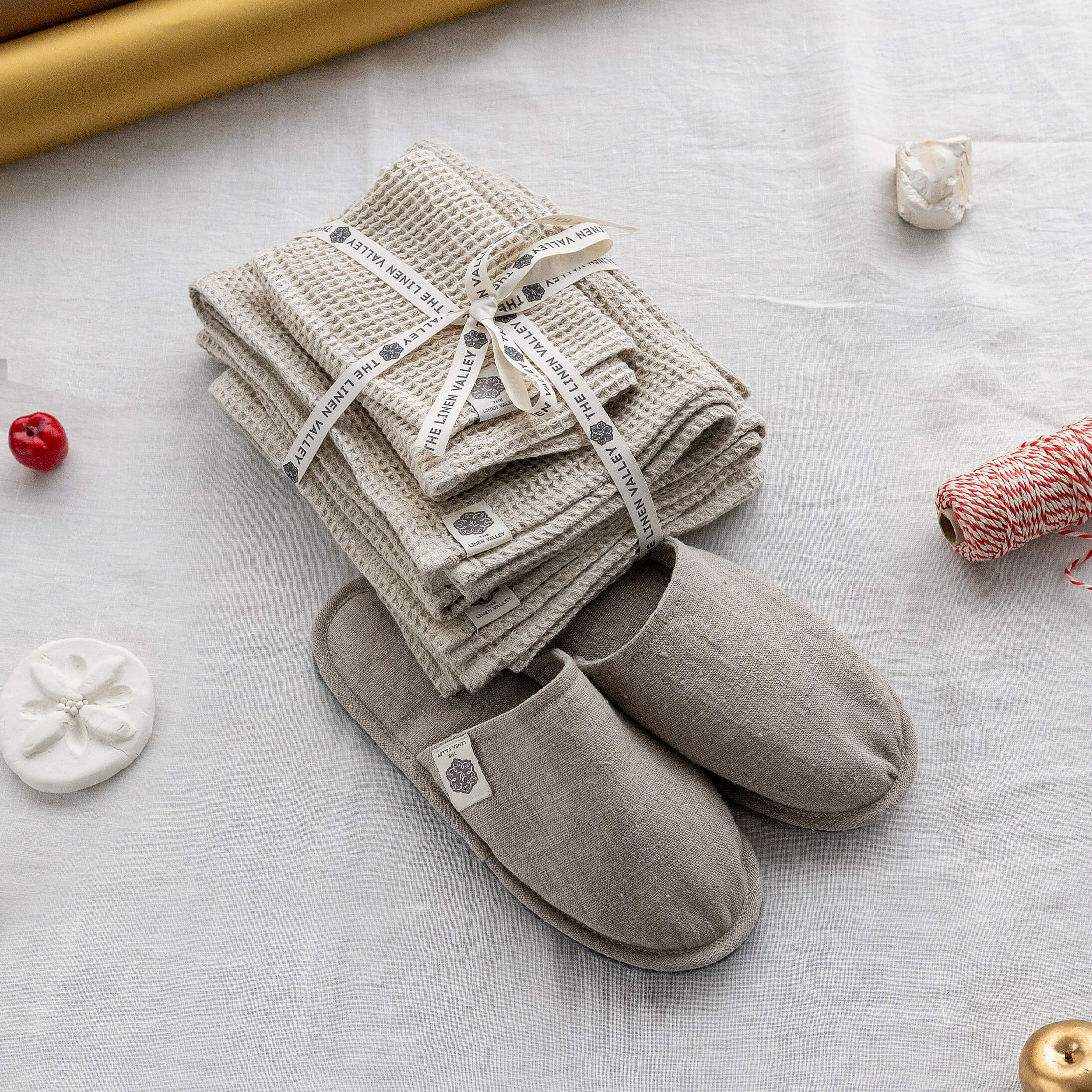 Natural waffle linen towels and rustic linen slippers gift set in European linen