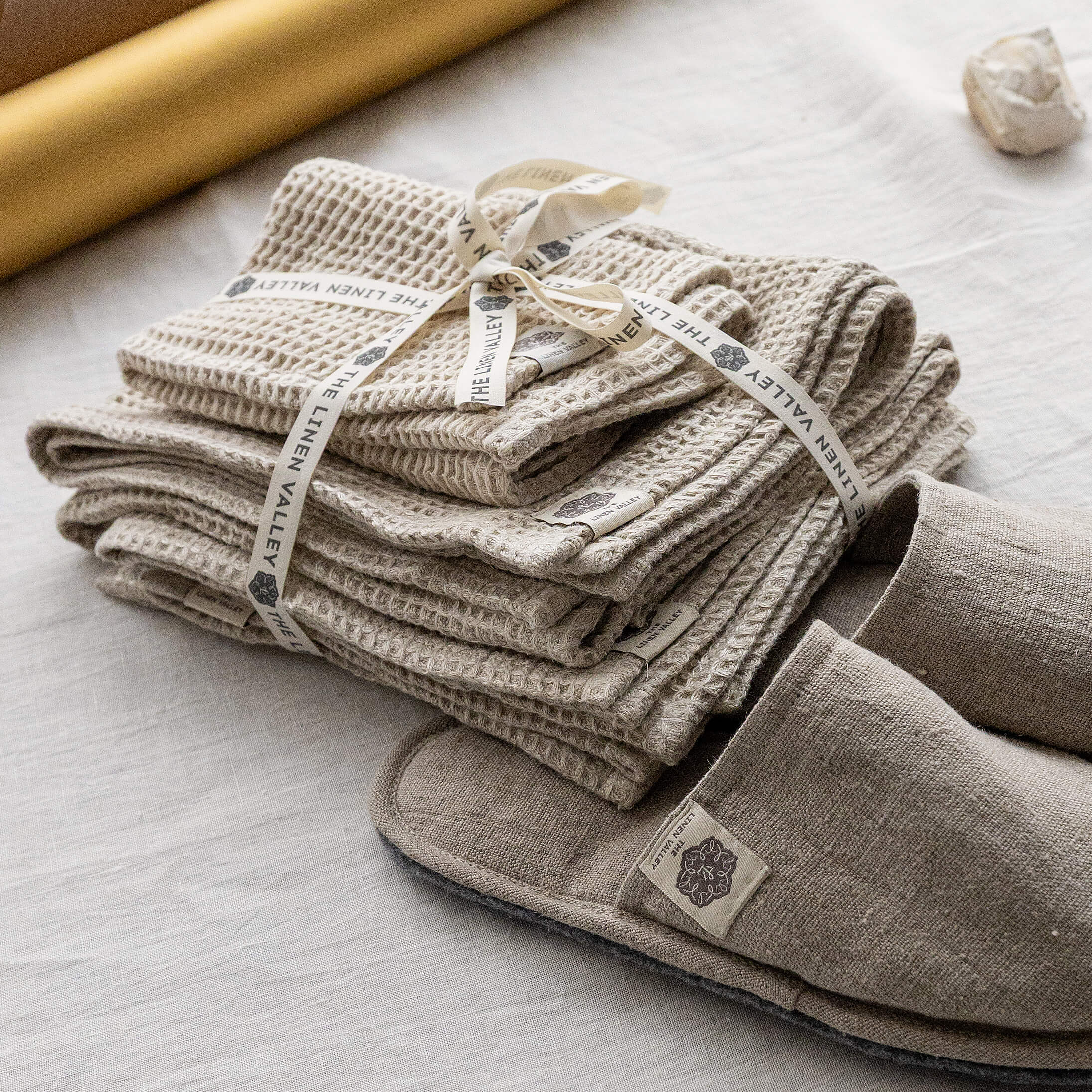 Natural waffle linen towels and rustic linen slippers gift set in European linen