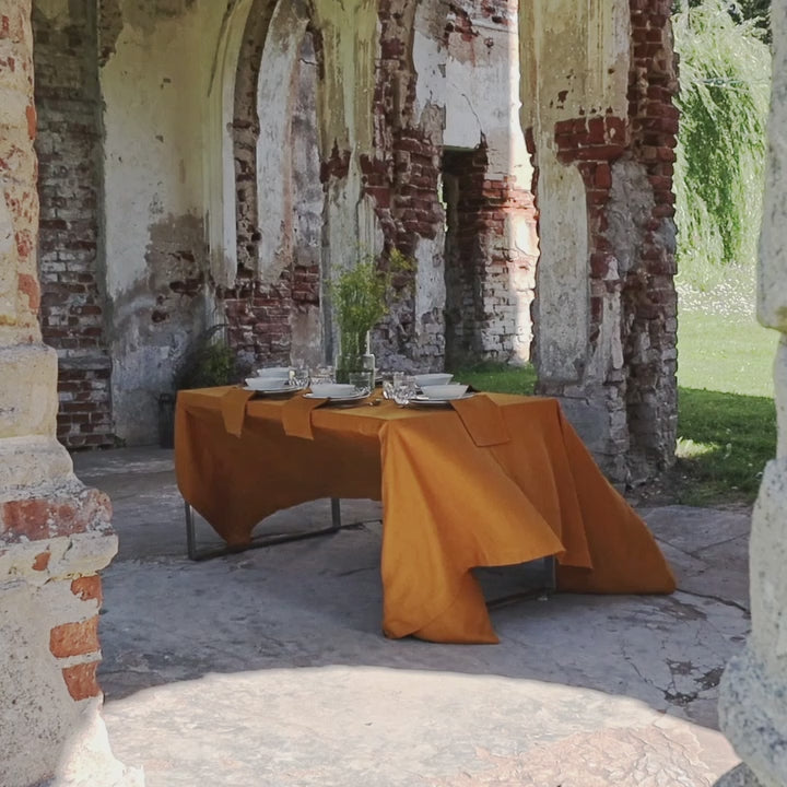 Amber yellow linen tablecloth would give your dining area a new character and style. Our linen tablecloths are made from the highest quality European linen and are designed for a long lasting.