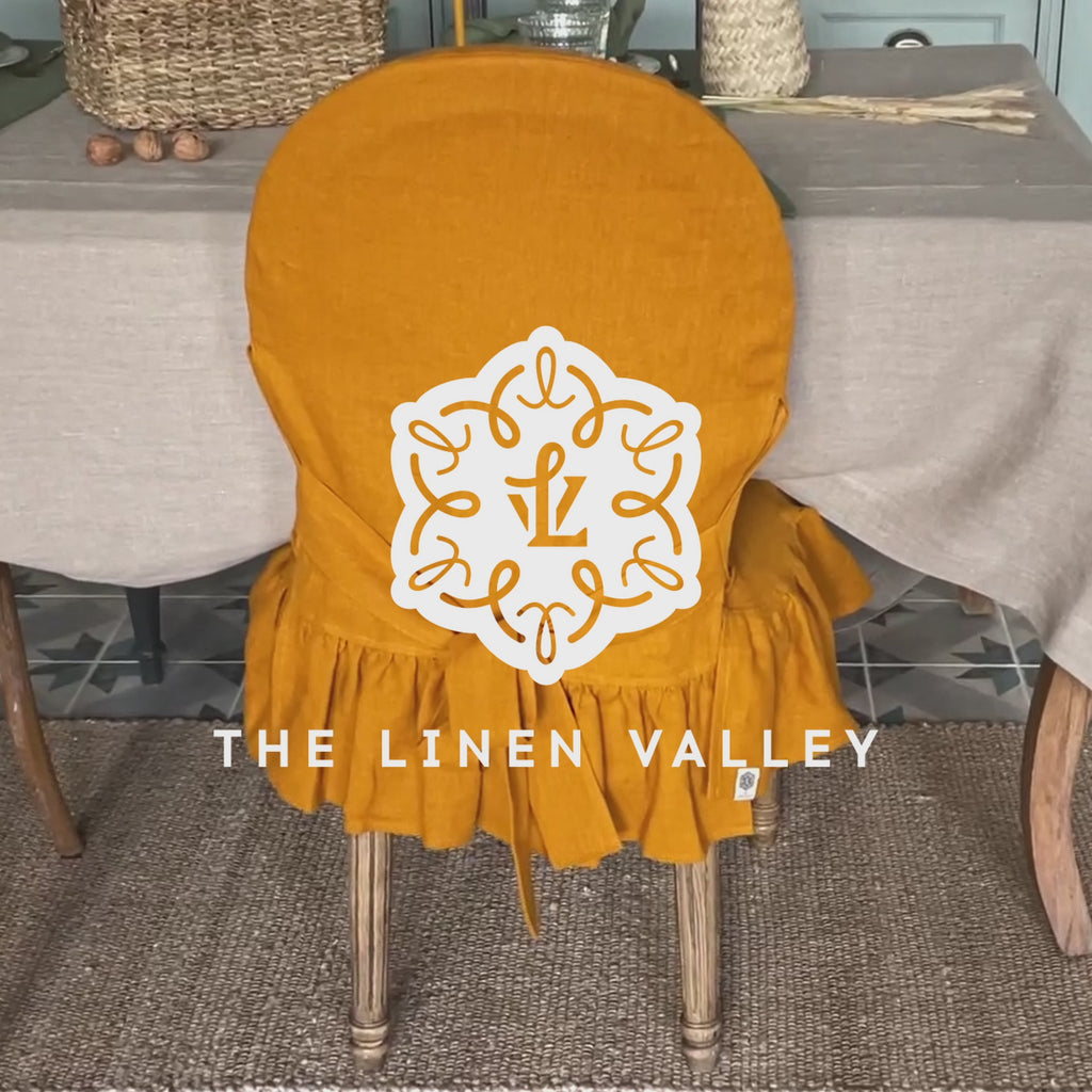 Our amber yellow linen slipcovers offer both practicality and aesthetic appeal. The covers will protect dining chairs from spills and stains, also enhance the visual appeal of your space with their timeless natural style.