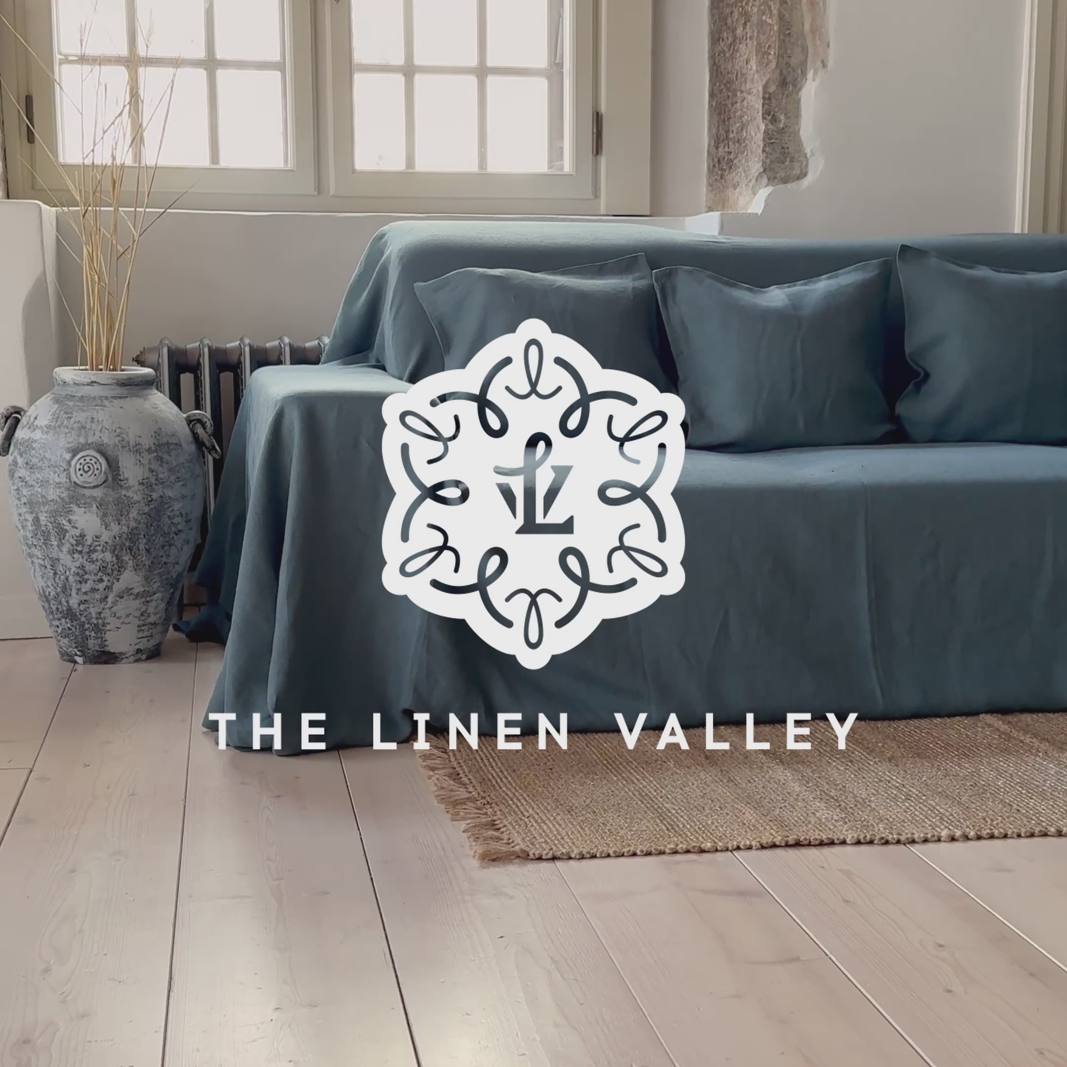 Ocean blue linen couch cover designed and crafted to elevate your interior with a fresh look and great energy. It offers a practical solution for safeguarding your furniture against the playful antics of your beloved pets. 