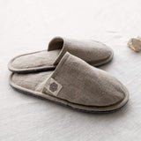 Rustic linen open-back slippers with The Linen Valley label