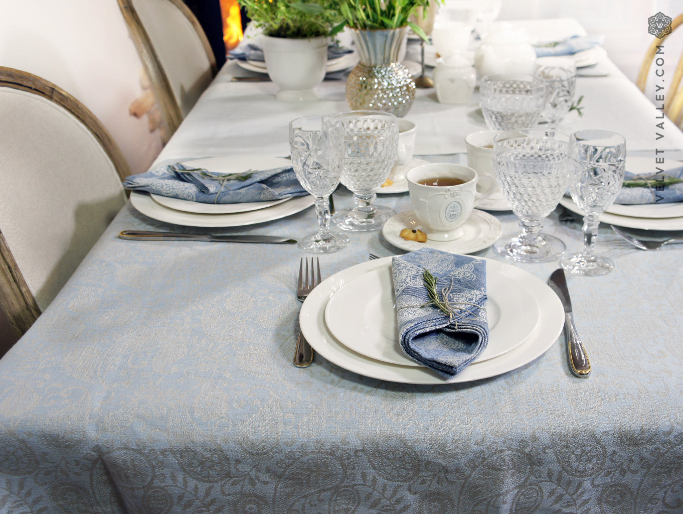 Natural linen light blue  tablecloth - Velvet Valley