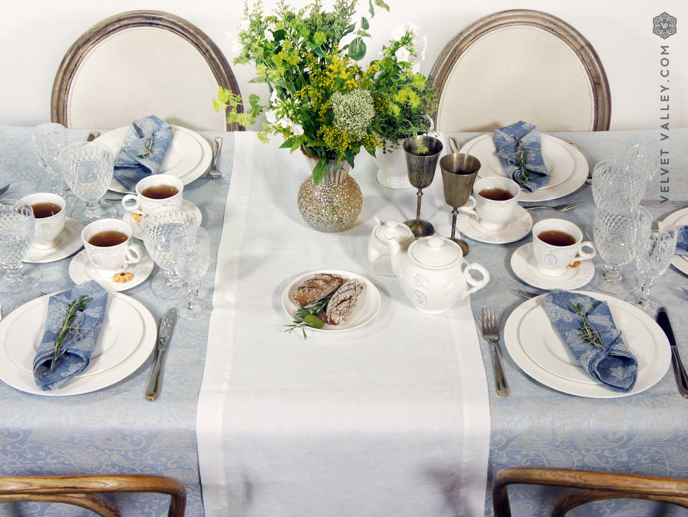 Natural linen light blue  tablecloth - Velvet Valley