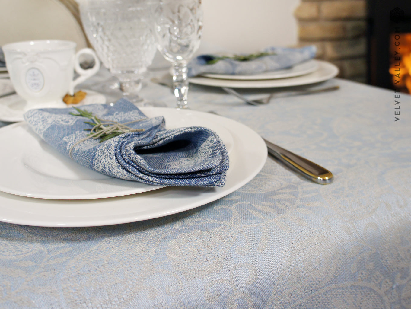 Natural linen light blue  tablecloth - Velvet Valley