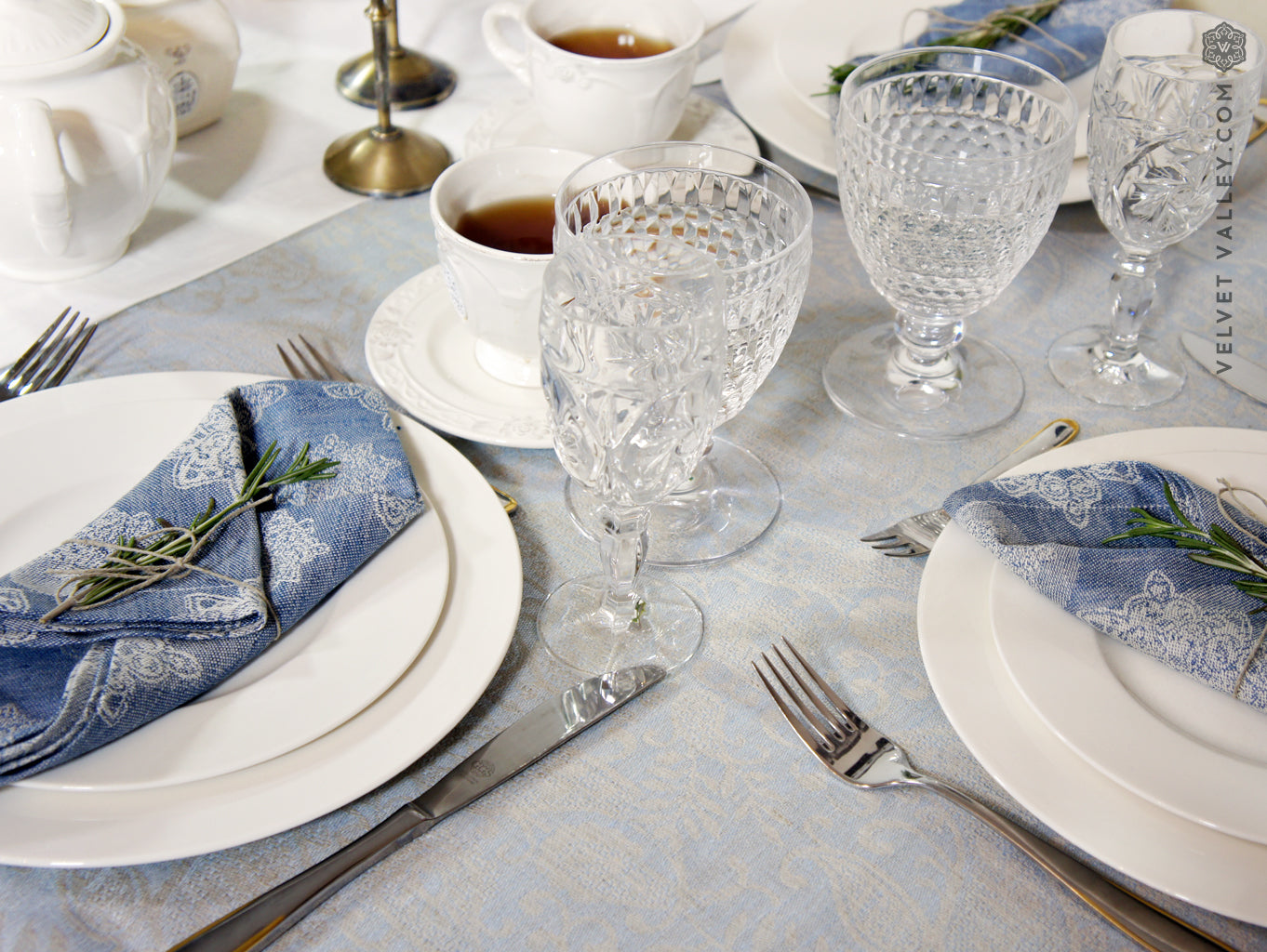 Natural linen light blue  tablecloth - Velvet Valley