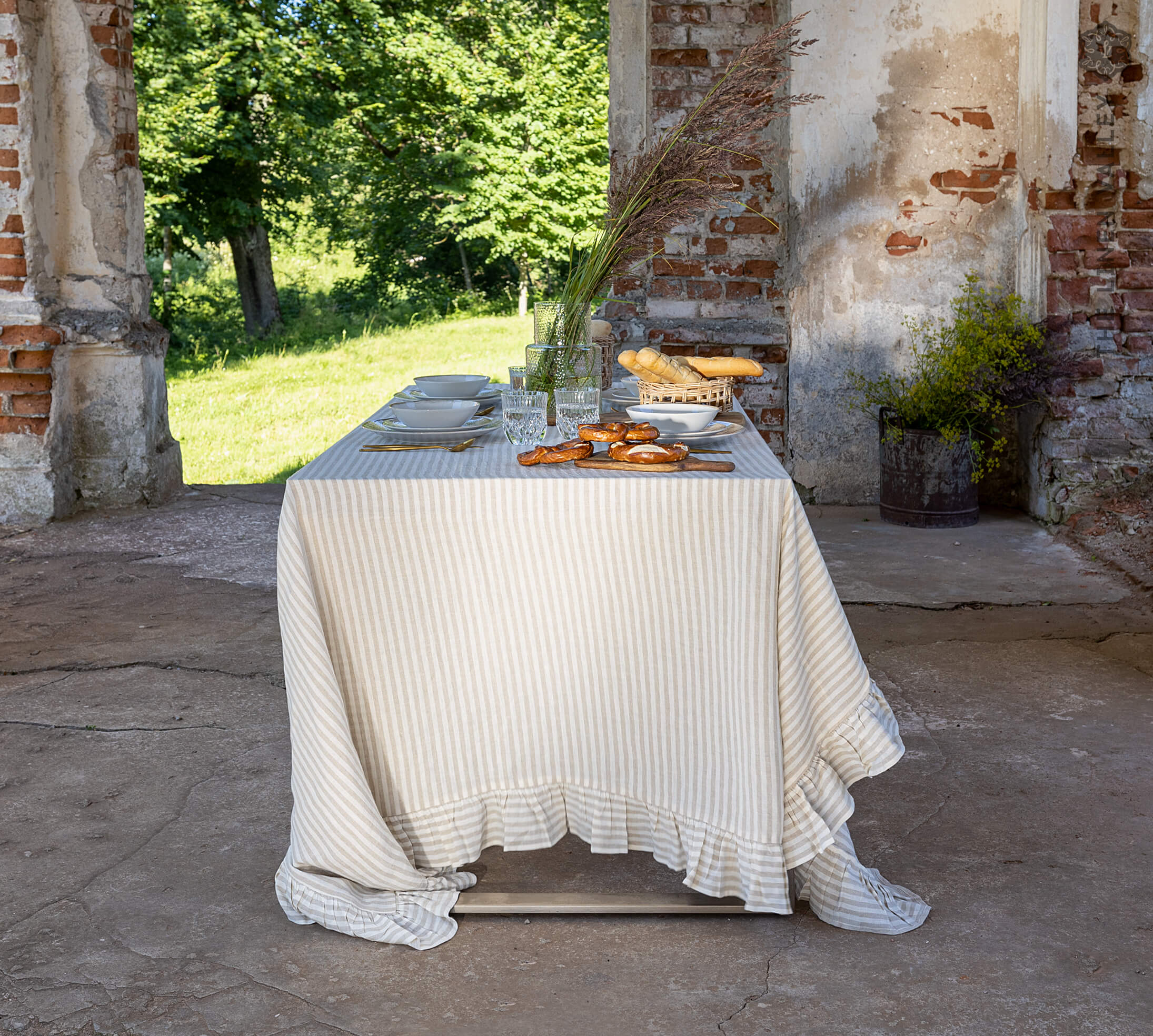 Striped Linen Tablecloth with Ruffles - The Linen Valley
