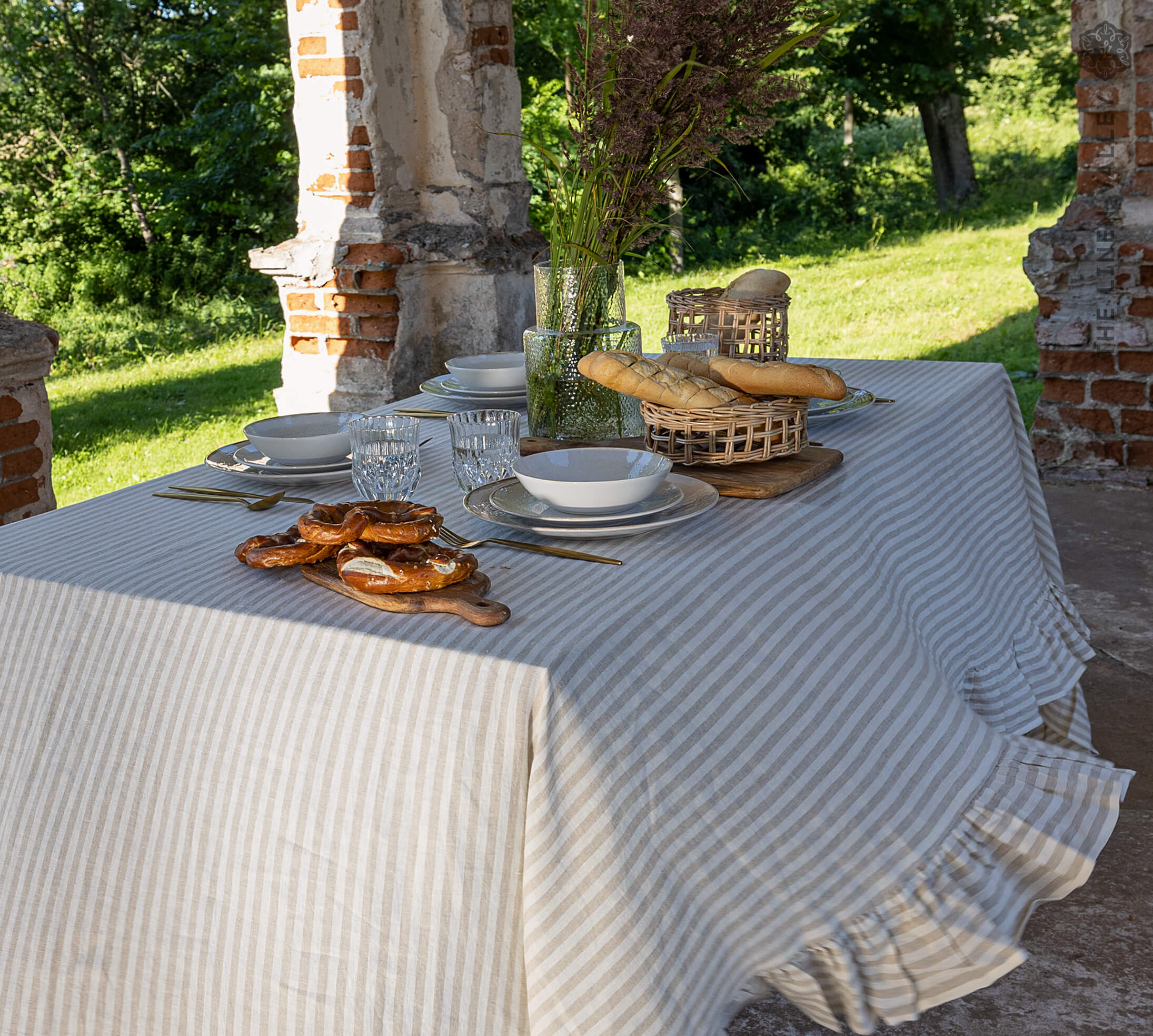 Striped Linen Tablecloth with Ruffles - The Linen Valley