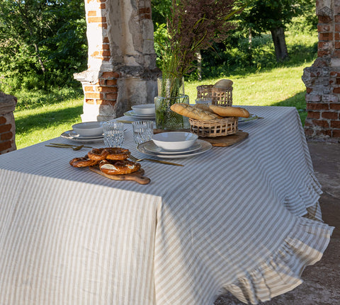 Striped Linen Tablecloth with Ruffles