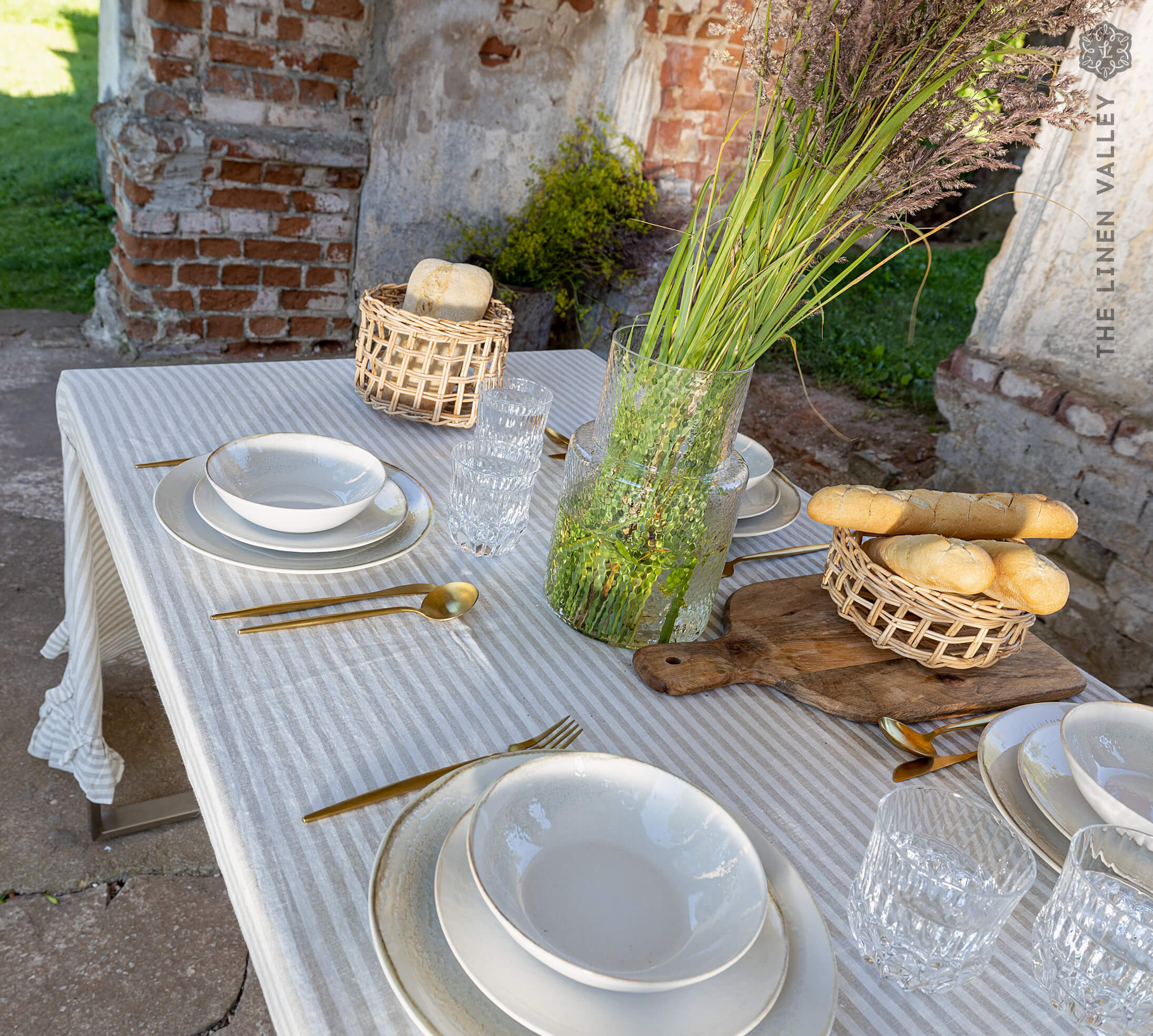 Striped Linen Tablecloth with Ruffles - The Linen Valley