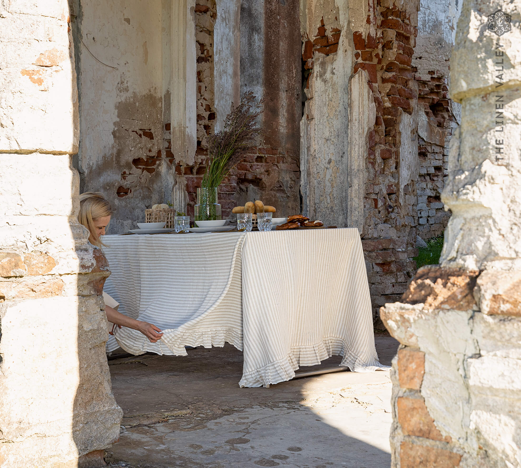 Striped Linen Tablecloth with Ruffles - The Linen Valley