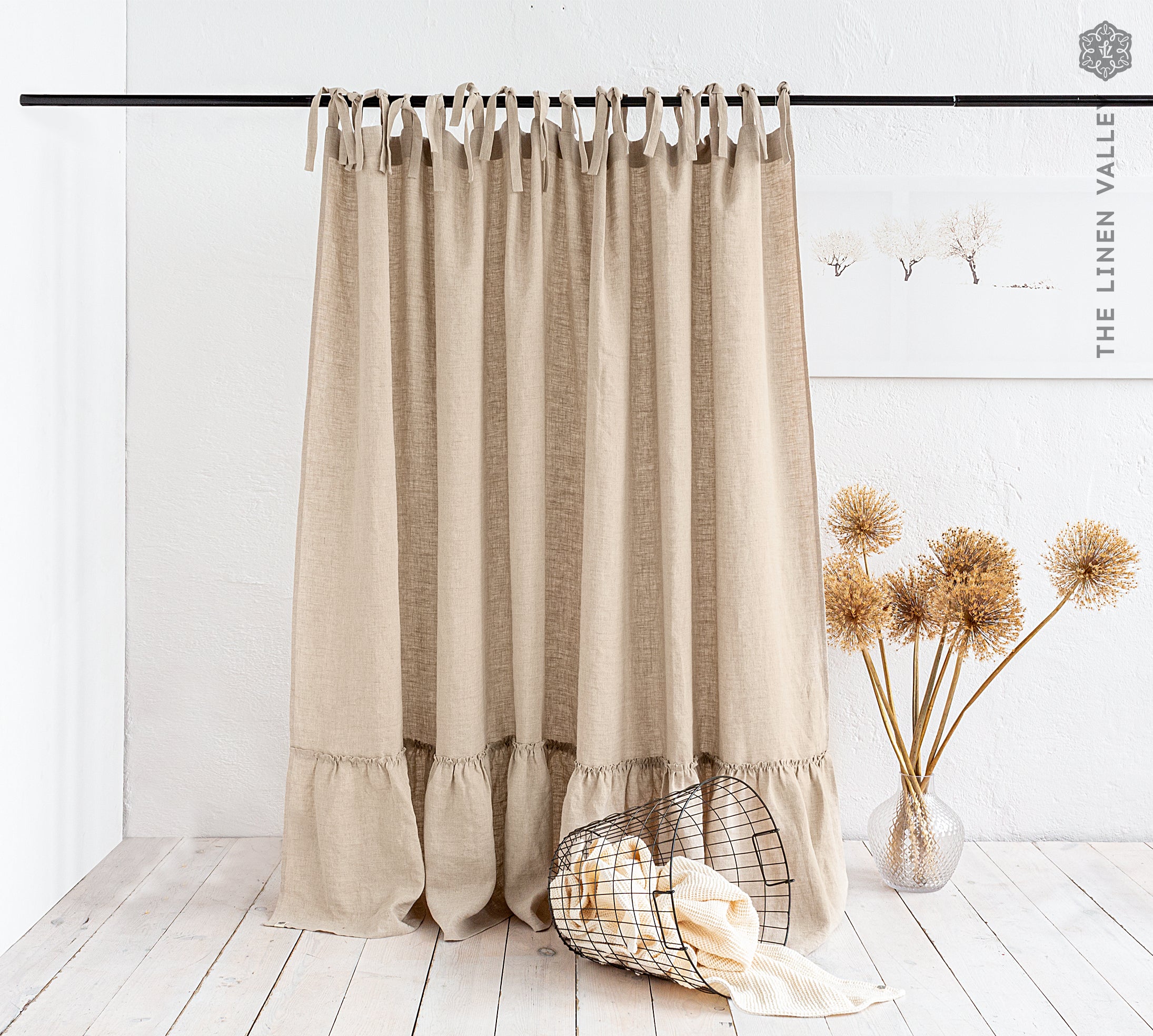 CUSTOM ORDER - NATURAL UNBLEACHED linen curtains with ruffles (2 panels) - The Linen Valley