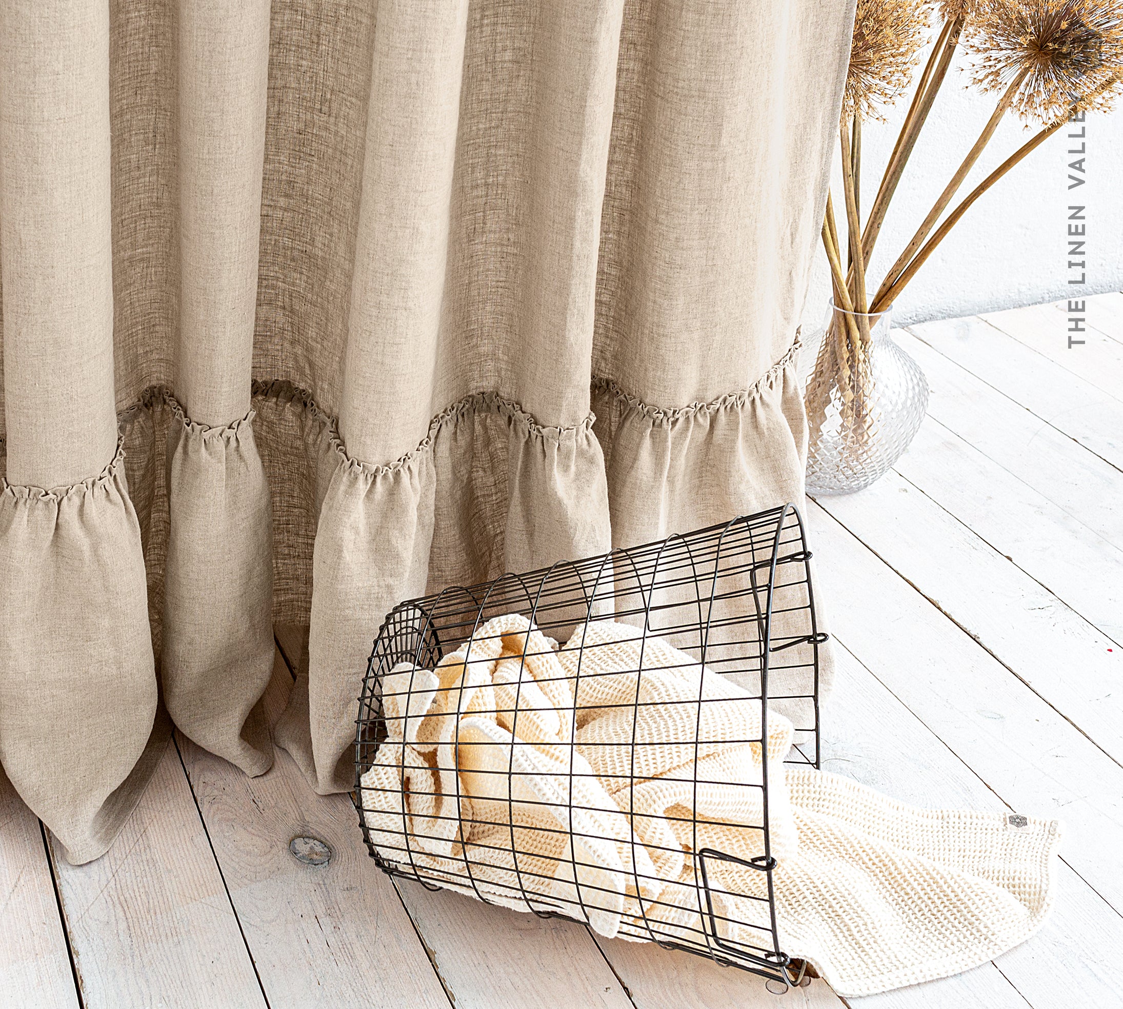 CUSTOM ORDER -NATURAL UNBLEACHED linen curtain with ruffles (1 panel) - The Linen Valley