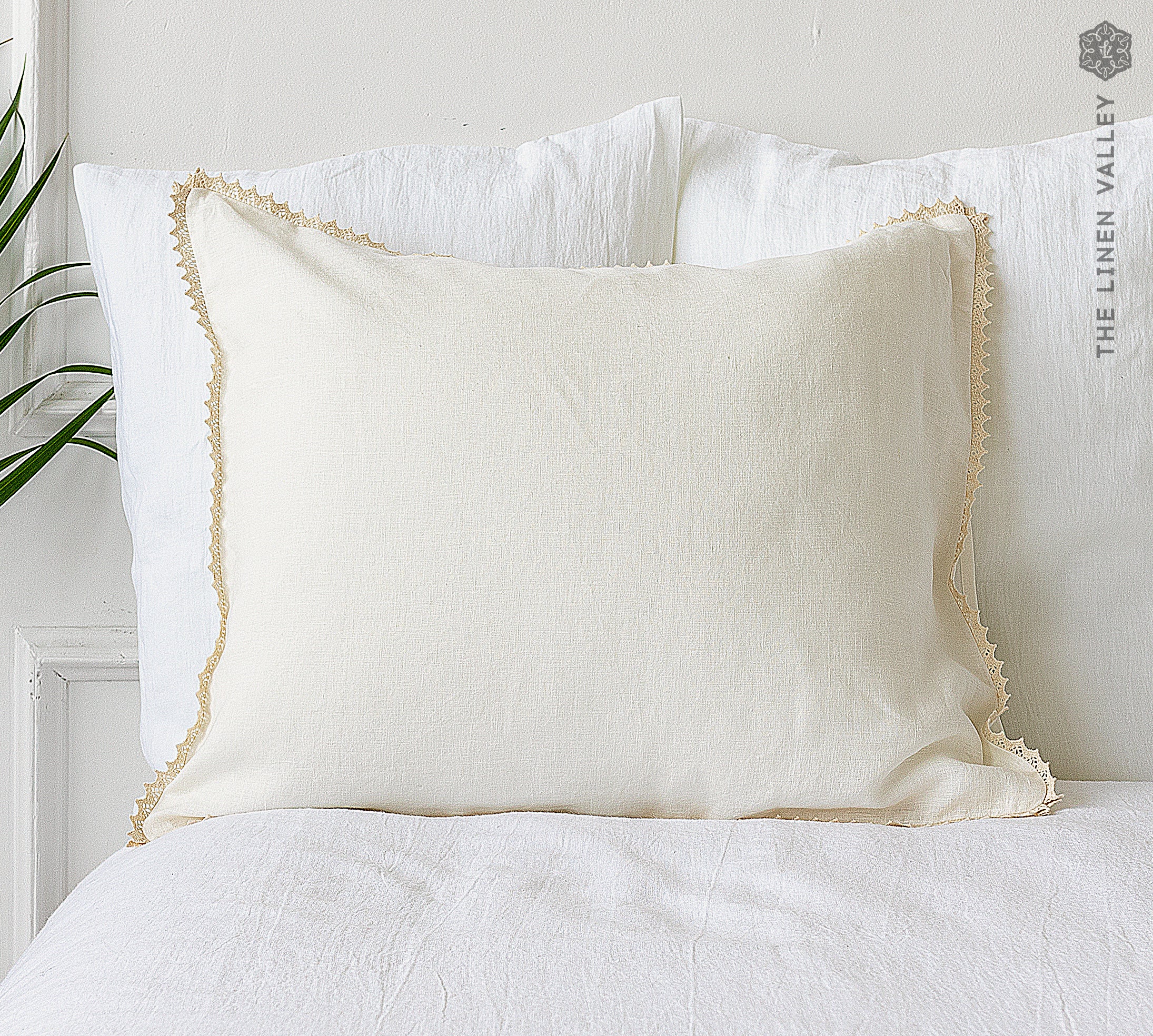 Off White Linen Pillow Case with Lace