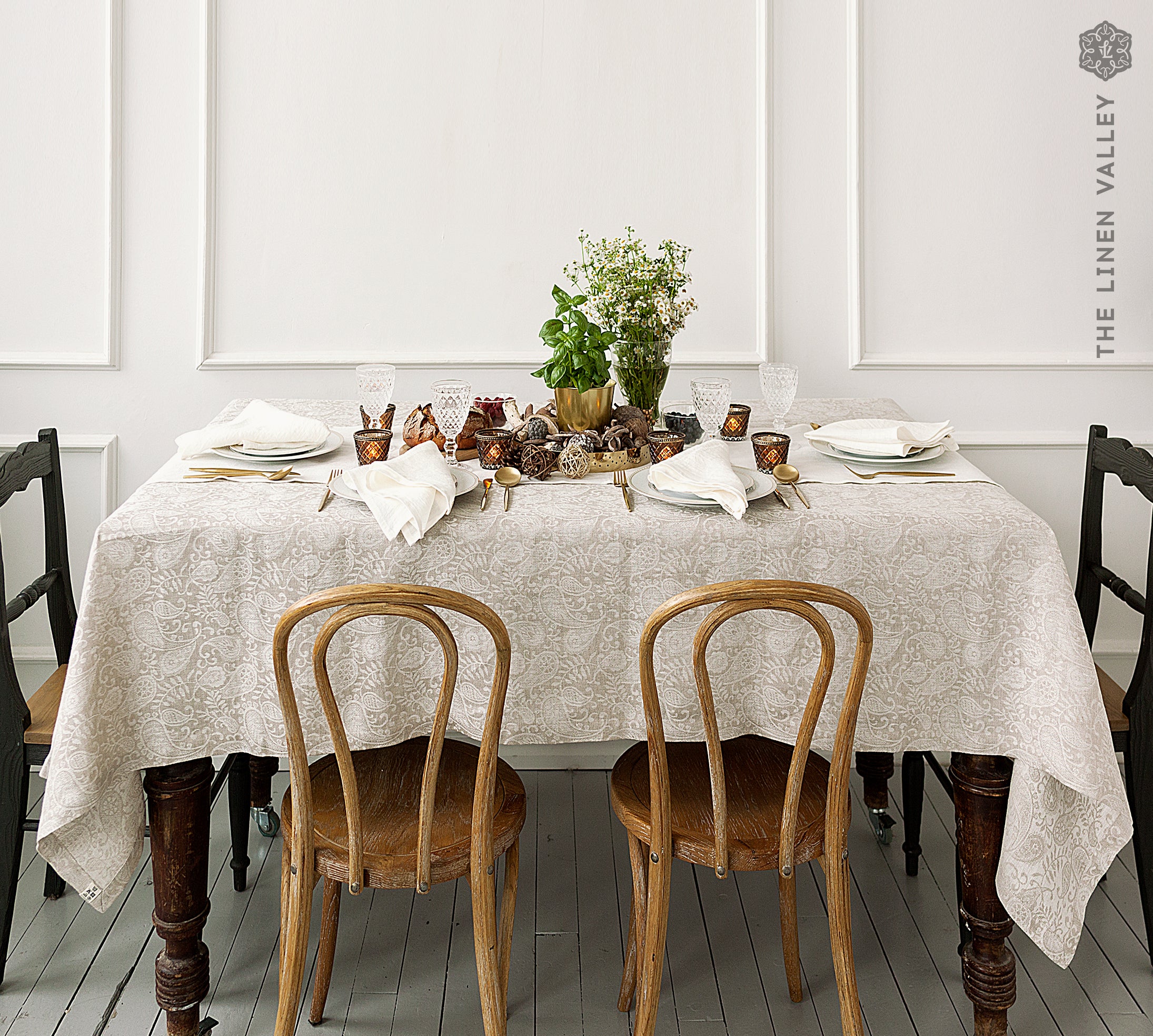 Natural Linen Floral Pattern Tablecloth - The Linen Valley