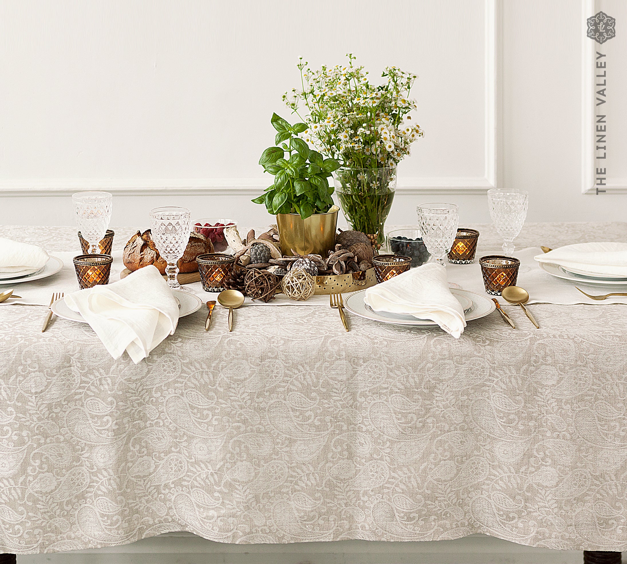 Natural Linen Floral Pattern Tablecloth - The Linen Valley