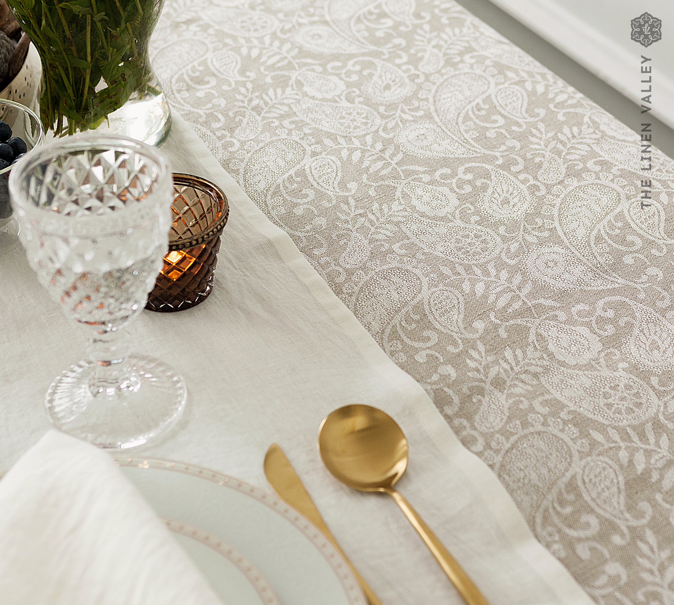 Natural Linen Floral Pattern Tablecloth - The Linen Valley