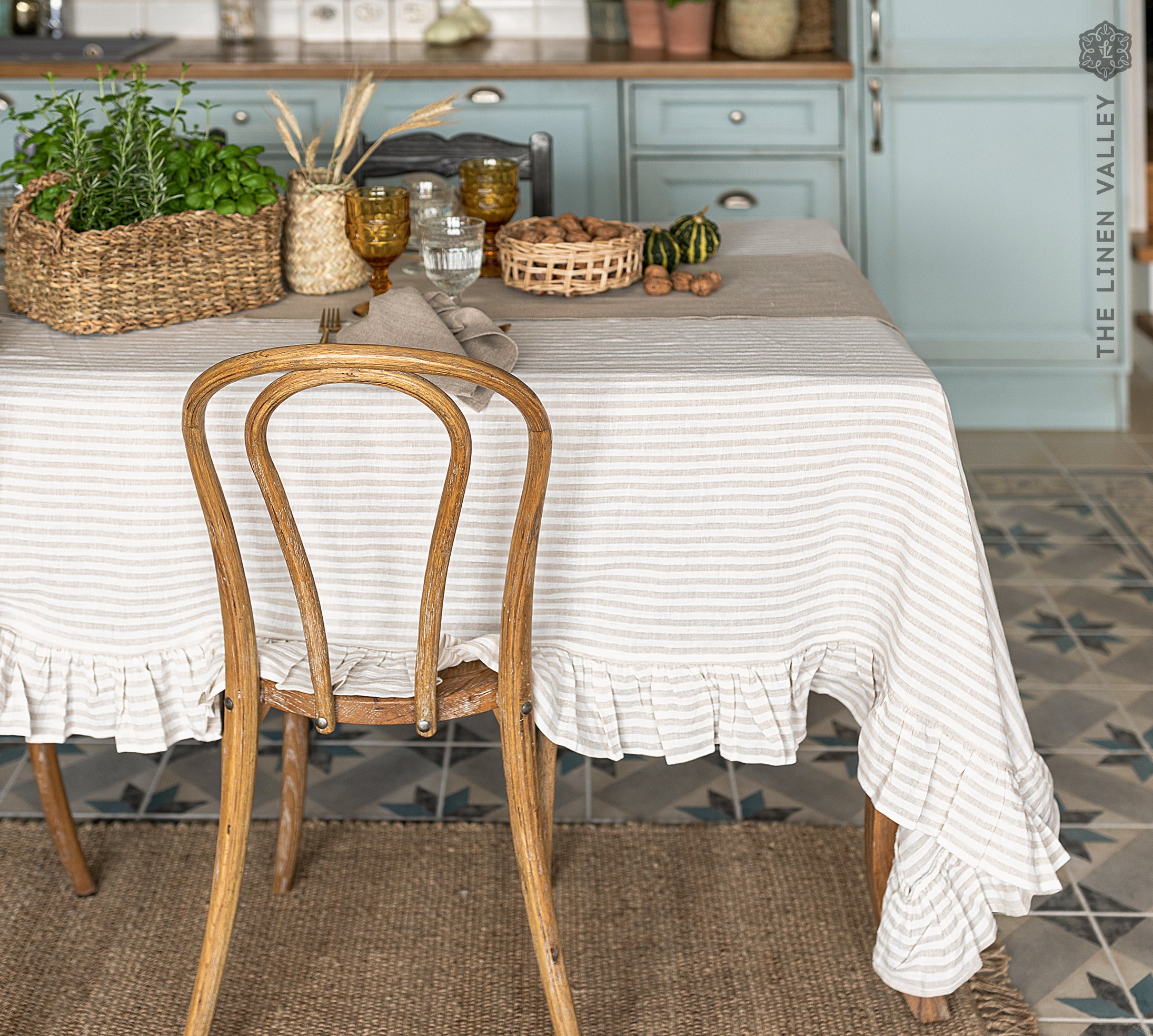 Striped Linen Tablecloth with Ruffles - The Linen Valley